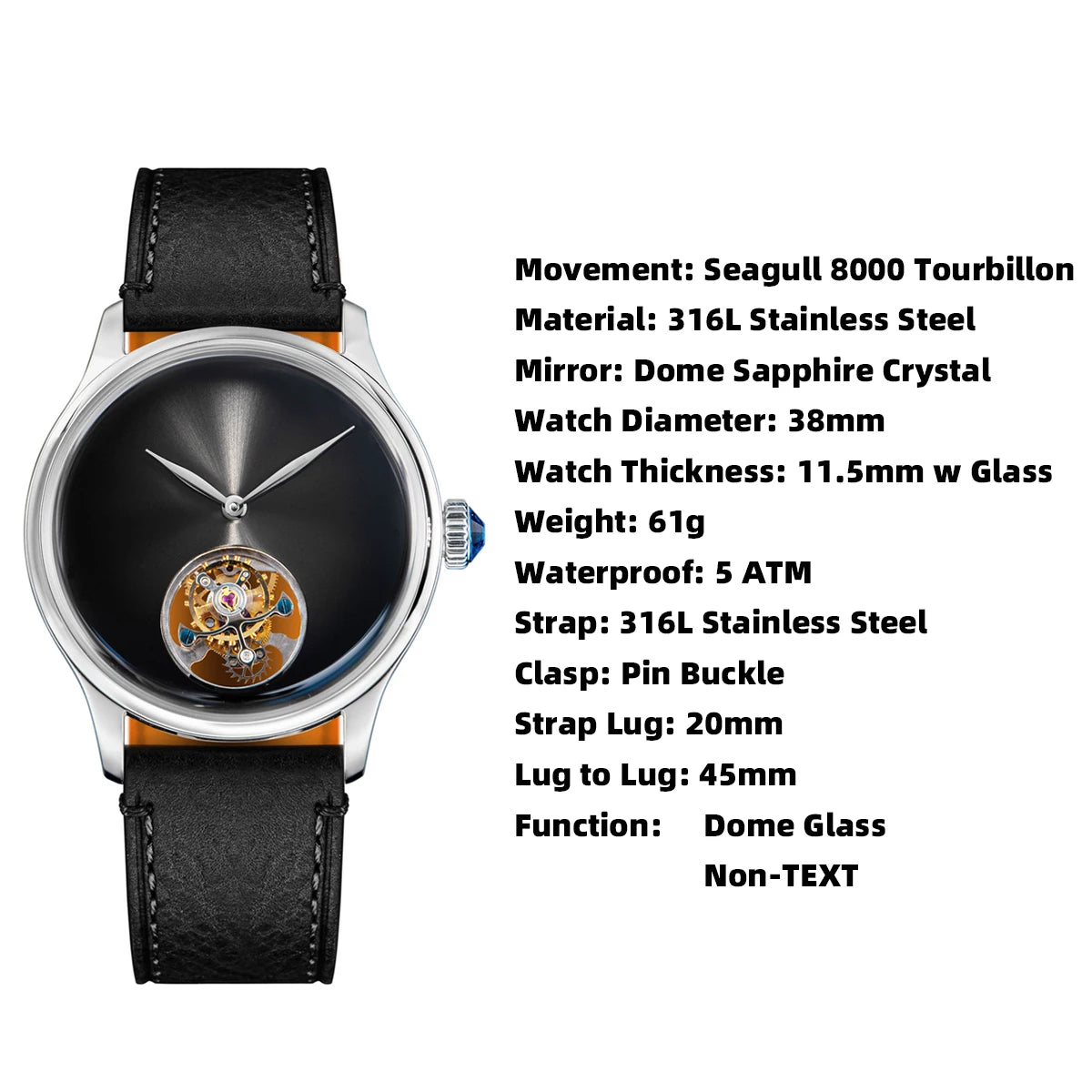 Tourbillon Men of Watch Minimalism Dome Sapphire