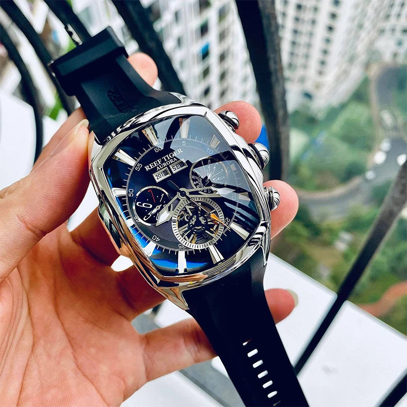 Reef Tiger 316L Stainless Steel Wine Barrel Automatic Watch for Men
