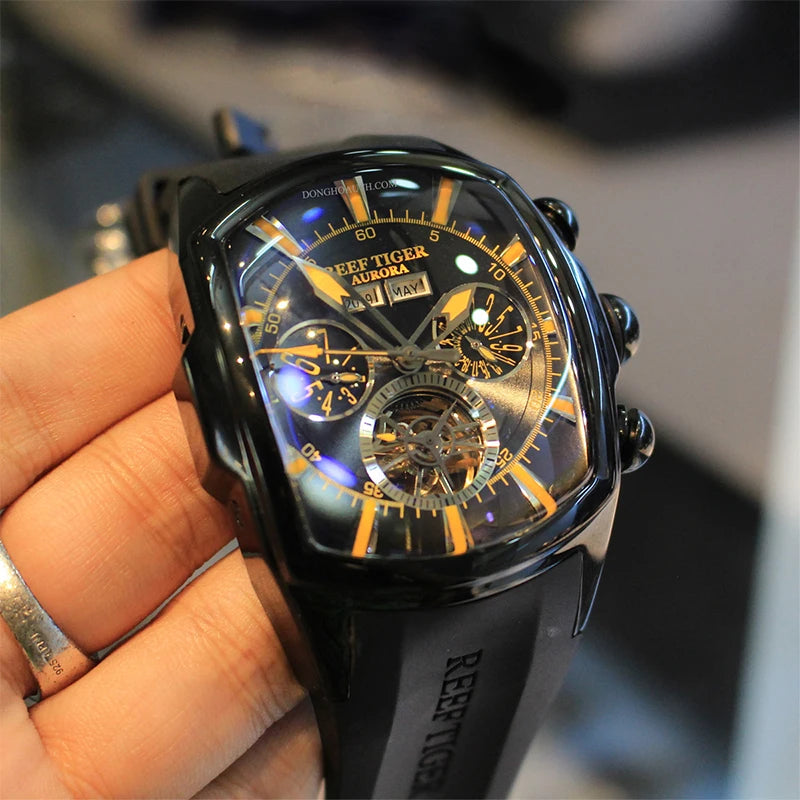 Reef Tiger 316L Stainless Steel Wine Barrel Automatic Watch for Men